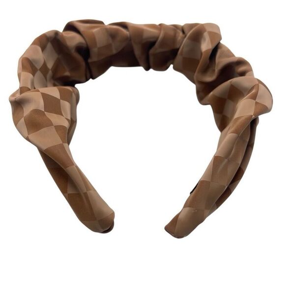 Brown Checkered Faux Leather Ruched Headband | Structured Handmade Accessory - Picture 4 of 7